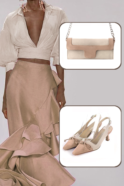 Women's biscuit beige and gold elegant slingback heels, with a bow on the front. Tapered toe. Medium spool heels - Top view